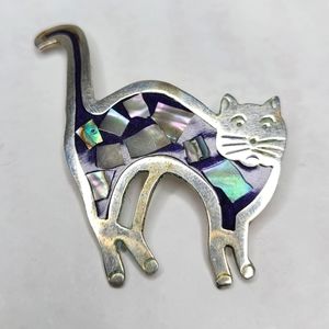 Cat brooch vintage Alpaca Mexico Silver Abalone enlay